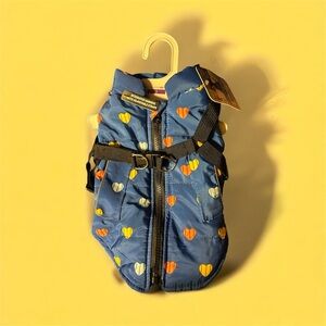 Blue Heart Patterned Dog Jacket harness attachment adjustable straps
